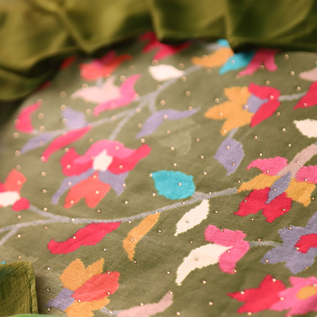 Deewani Forest Green Digital Floral Printed with Swarovski Work Cotton Rayon Set