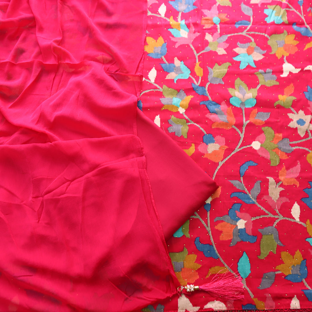 Deewani Rani Pink Digital Floral Printed with Swarovski Work Cotton Rayon Set