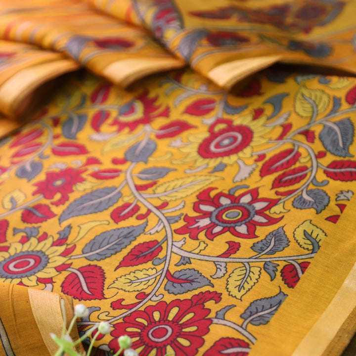 Riyanshi Turmeric Yellow Kalamkari Printed Maheswari Chanderi Set