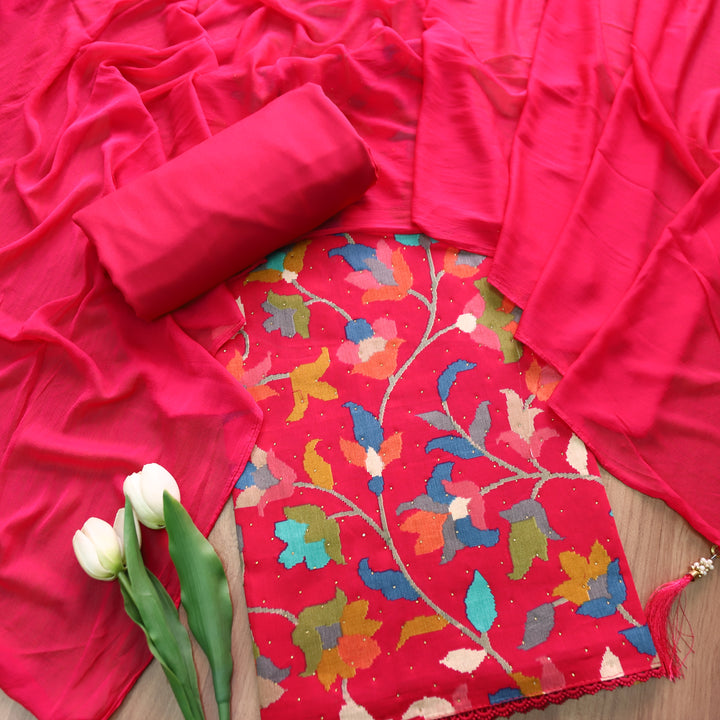 Deewani Rani Pink Digital Floral Printed with Swarovski Work Cotton Rayon Set