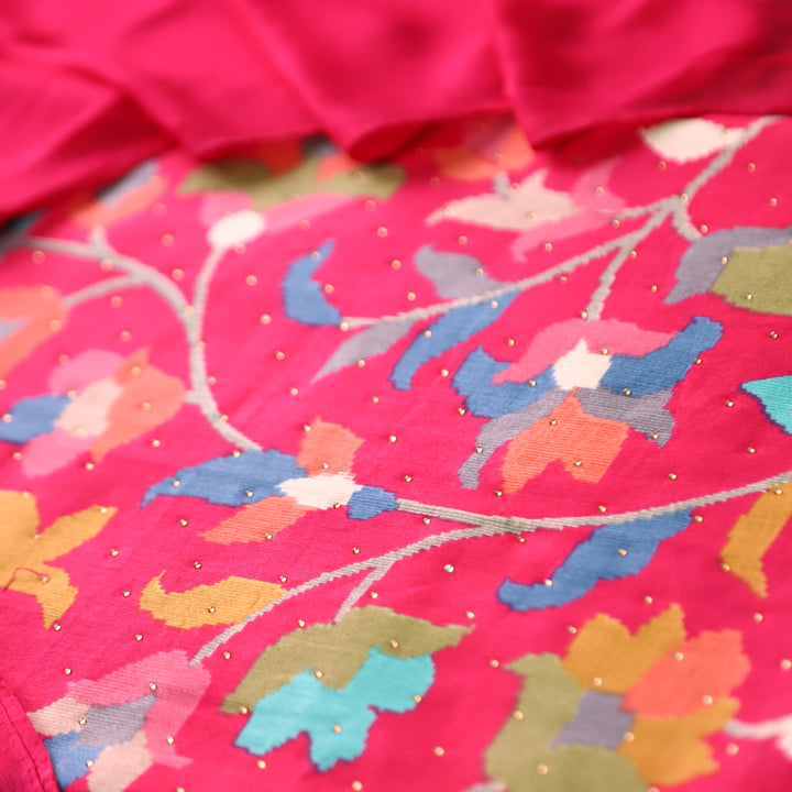 Deewani Rani Pink Digital Floral Printed with Swarovski Work Cotton Rayon Set