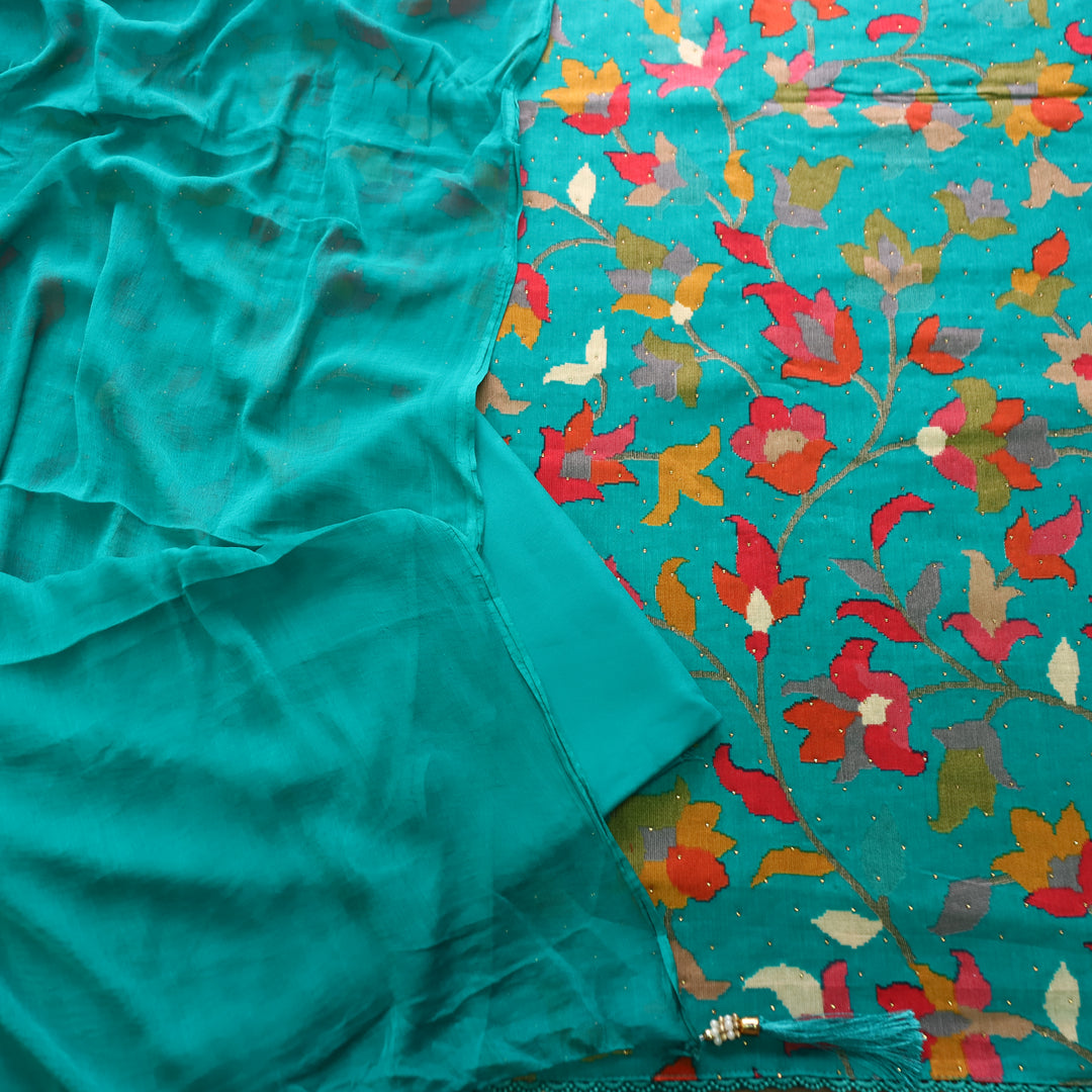 Deewani Aqua Blue Digital Floral Printed with Swarovski Work Cotton Rayon Set