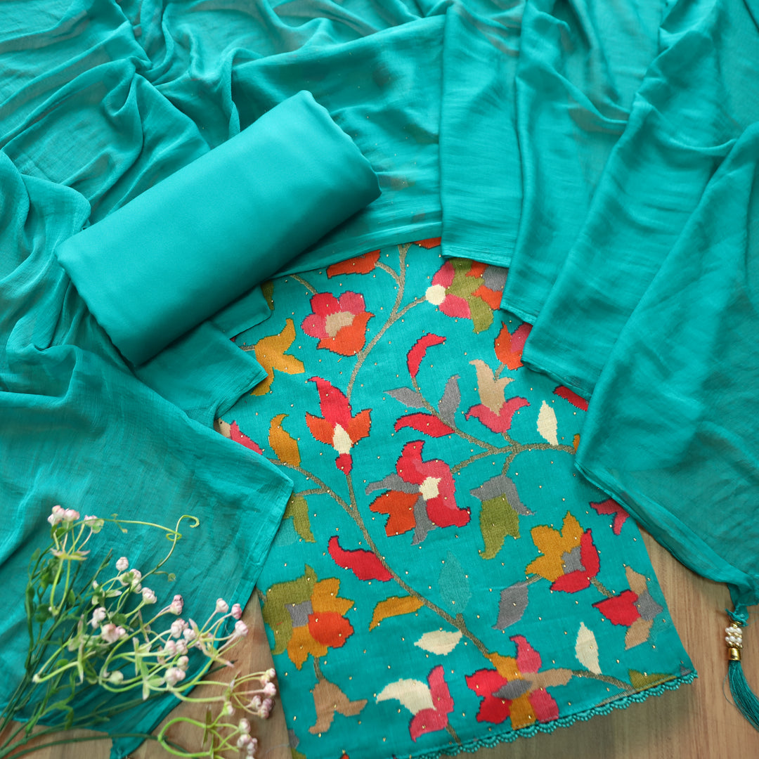 Deewani Aqua Blue Digital Floral Printed with Swarovski Work Cotton Rayon Set