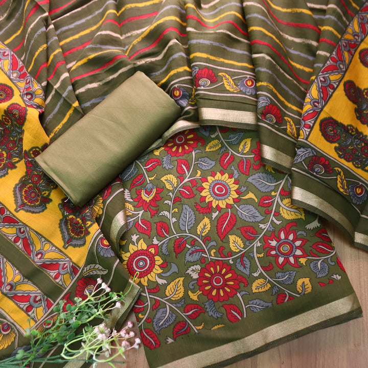 Riyanshi Forest Green Kalamkari Printed Maheswari Chanderi Set