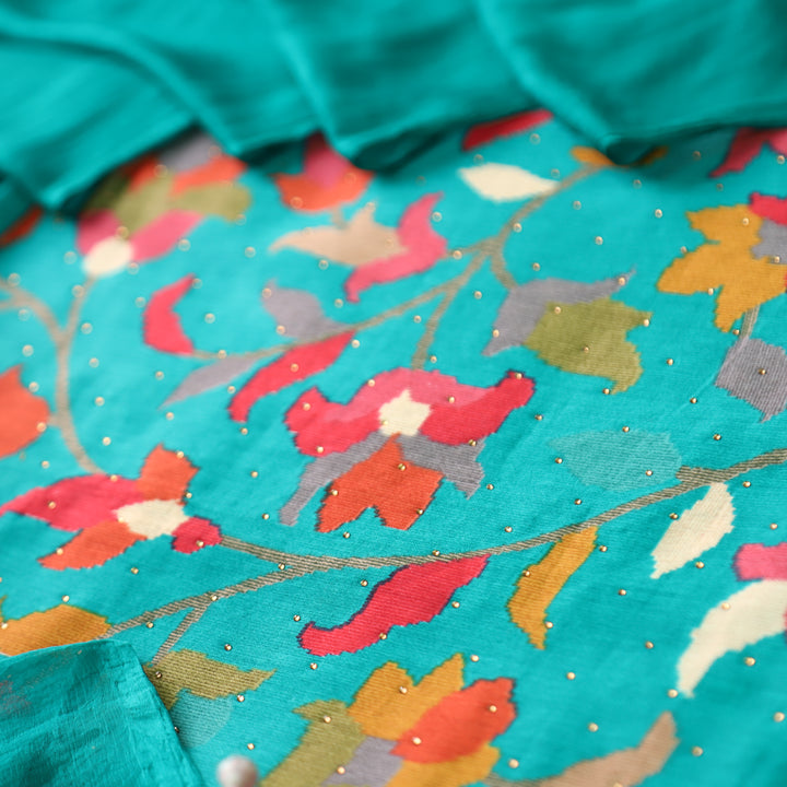 Deewani Aqua Blue Digital Floral Printed with Swarovski Work Cotton Rayon Set