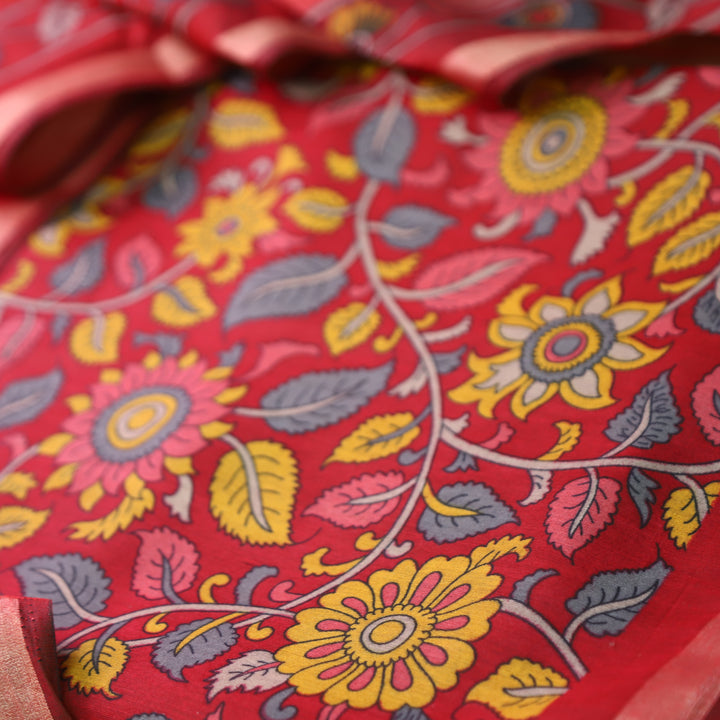 Riyanshi Berry Red Kalamkari Printed Maheswari Chanderi Set