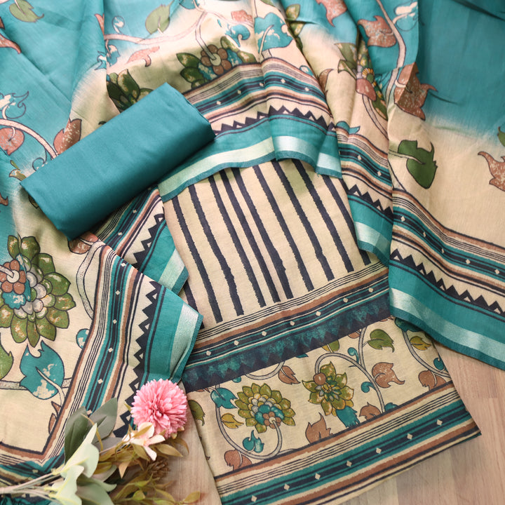 Tripti Aqua Turq with Kalamakri Print Hem Maheshwari Chanderi Set