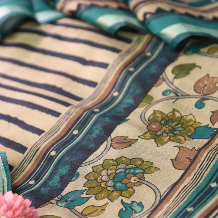 Tripti Aqua Turq with Kalamakri Print Hem Maheshwari Chanderi Set