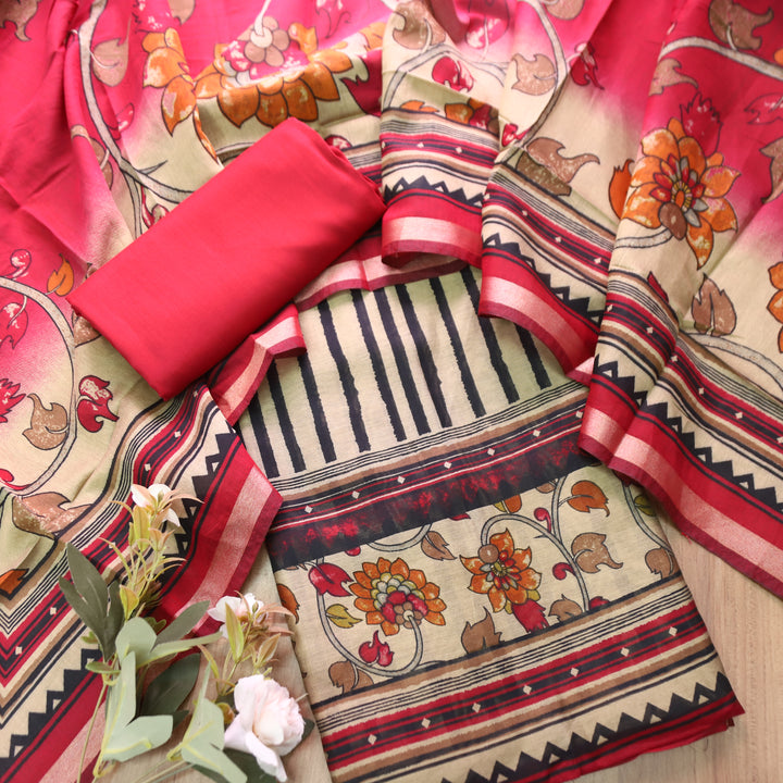 Tripti Rani Pink with Kalamakri Print Hem Maheshwari Chanderi Set