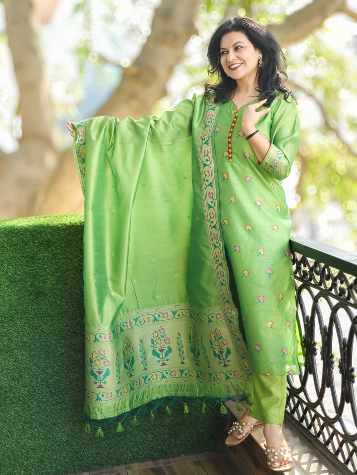 Pranda Green Jamdani Jacquard Weaved Paithani Inspired Tussar Silk 3 Piece Set
