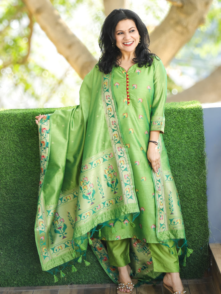 Pranda Green Jamdani Jacquard Weaved Paithani Inspired Tussar Silk 3 Piece Set