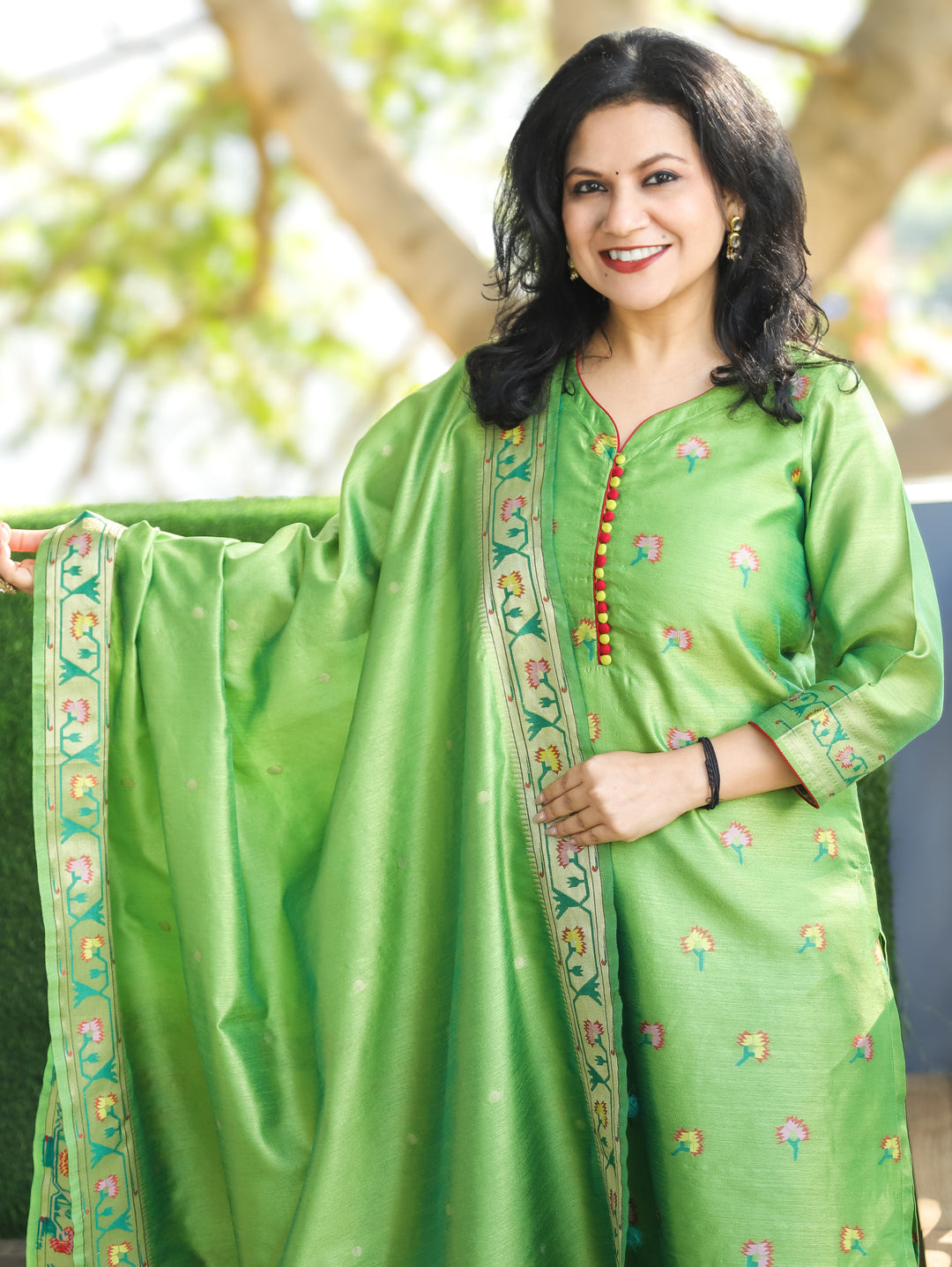 Pranda Green Jamdani Jacquard Weaved Paithani Inspired Tussar Silk 3 Piece Set