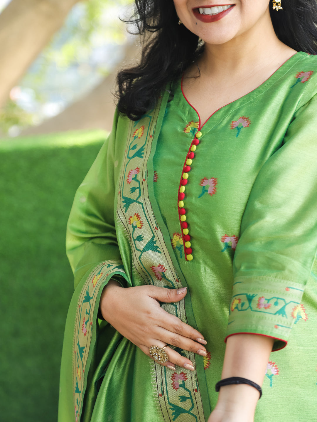 Pranda Green Jamdani Jacquard Weaved Paithani Inspired Tussar Silk 3 Piece Set