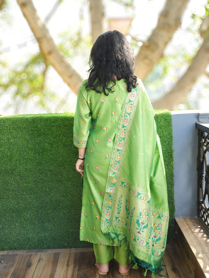 Pranda Green Jamdani Jacquard Weaved Paithani Inspired Tussar Silk 3 Piece Set