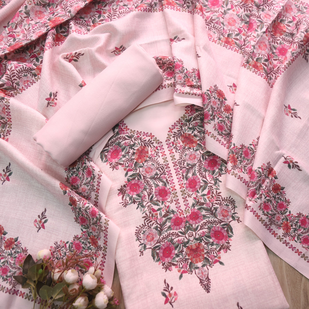 Kalaiyaan Petal PInk Floral Printed Semi Pashmina Winter Suit Set