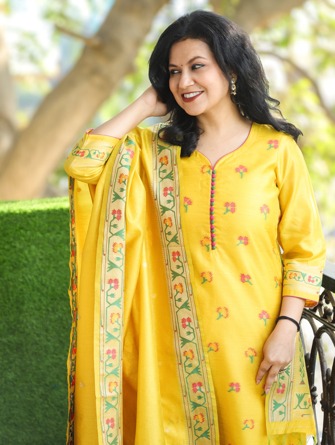 Pranda Yellow Jamdani Jacquard Weaved Paithani Inspired Tussar Silk 3 Piece Set