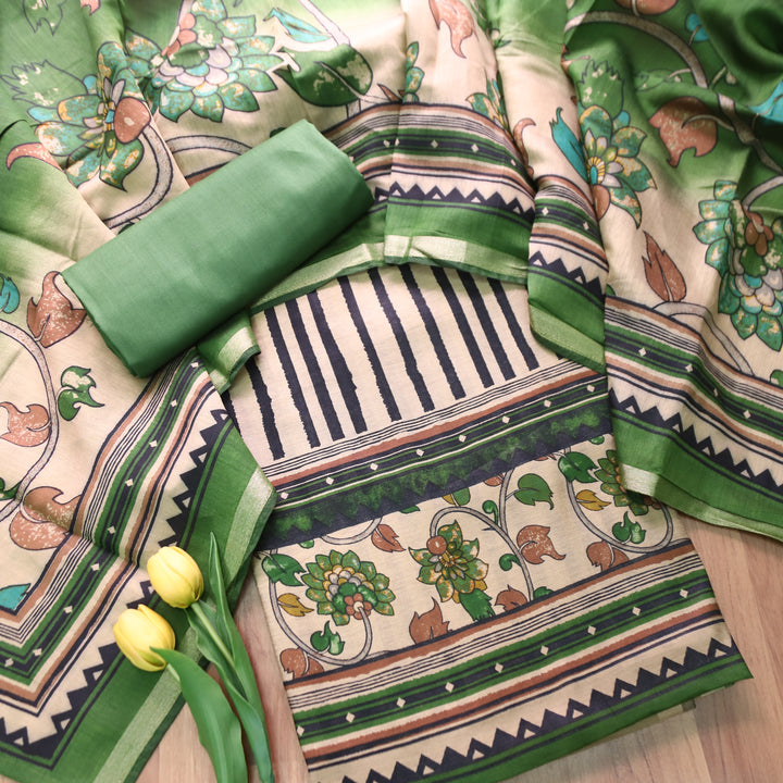 Tripti Leaf Green with Kalamakri Print Hem Maheshwari Chanderi Set