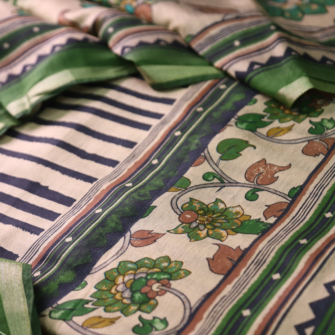 Tripti Leaf Green with Kalamakri Print Hem Maheshwari Chanderi Set