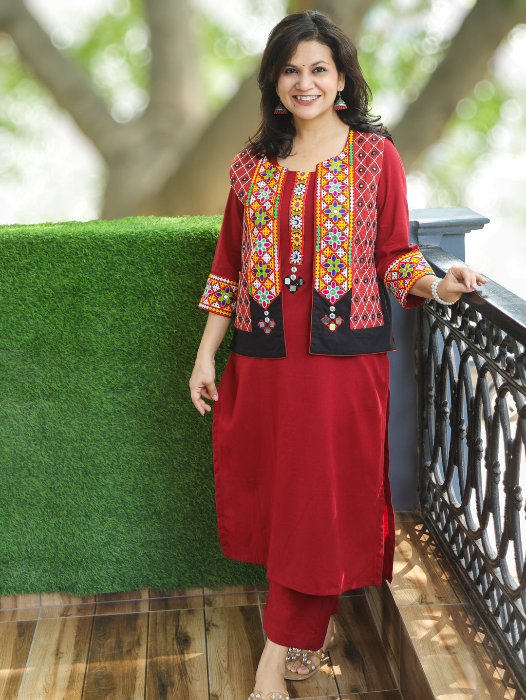 Sujal Crimson Red Co-ord Set with Kutchi Embroidery Jacket