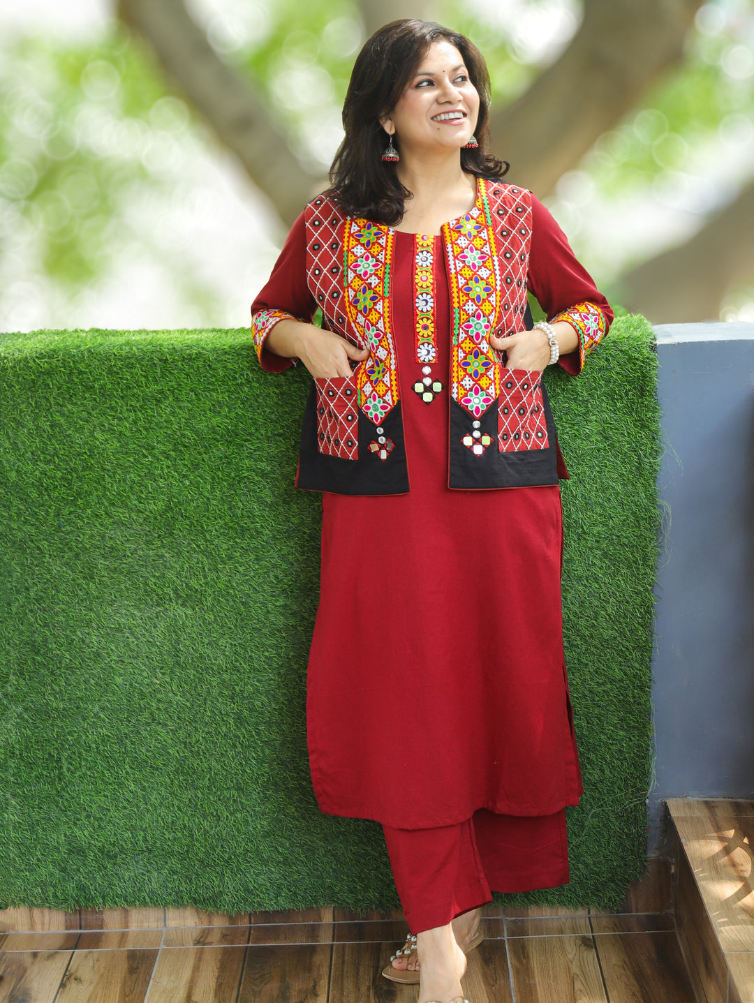 Sujal Crimson Red Co-ord Set with Kutchi Embroidery Jacket