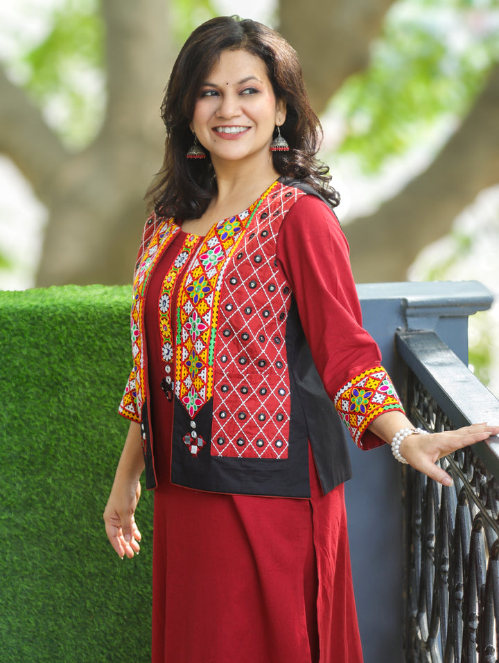 Sujal Crimson Red Co-ord Set with Kutchi Embroidery Jacket