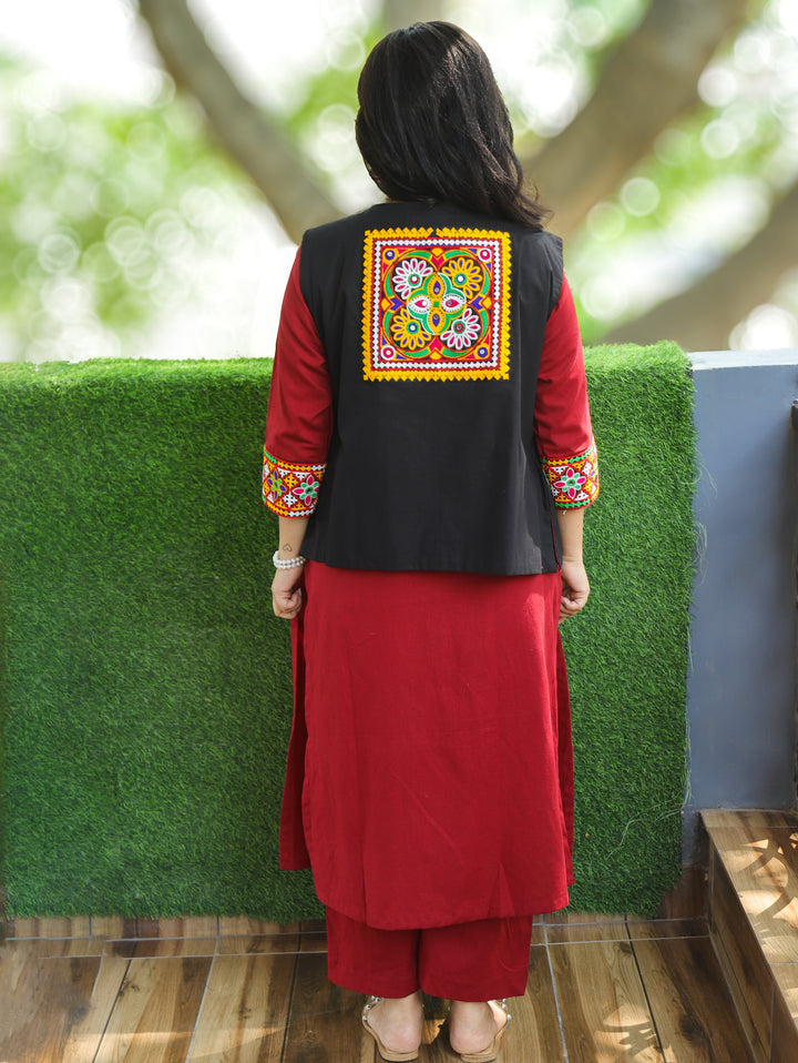 Sujal Crimson Red Co-ord Set with Kutchi Embroidery Jacket