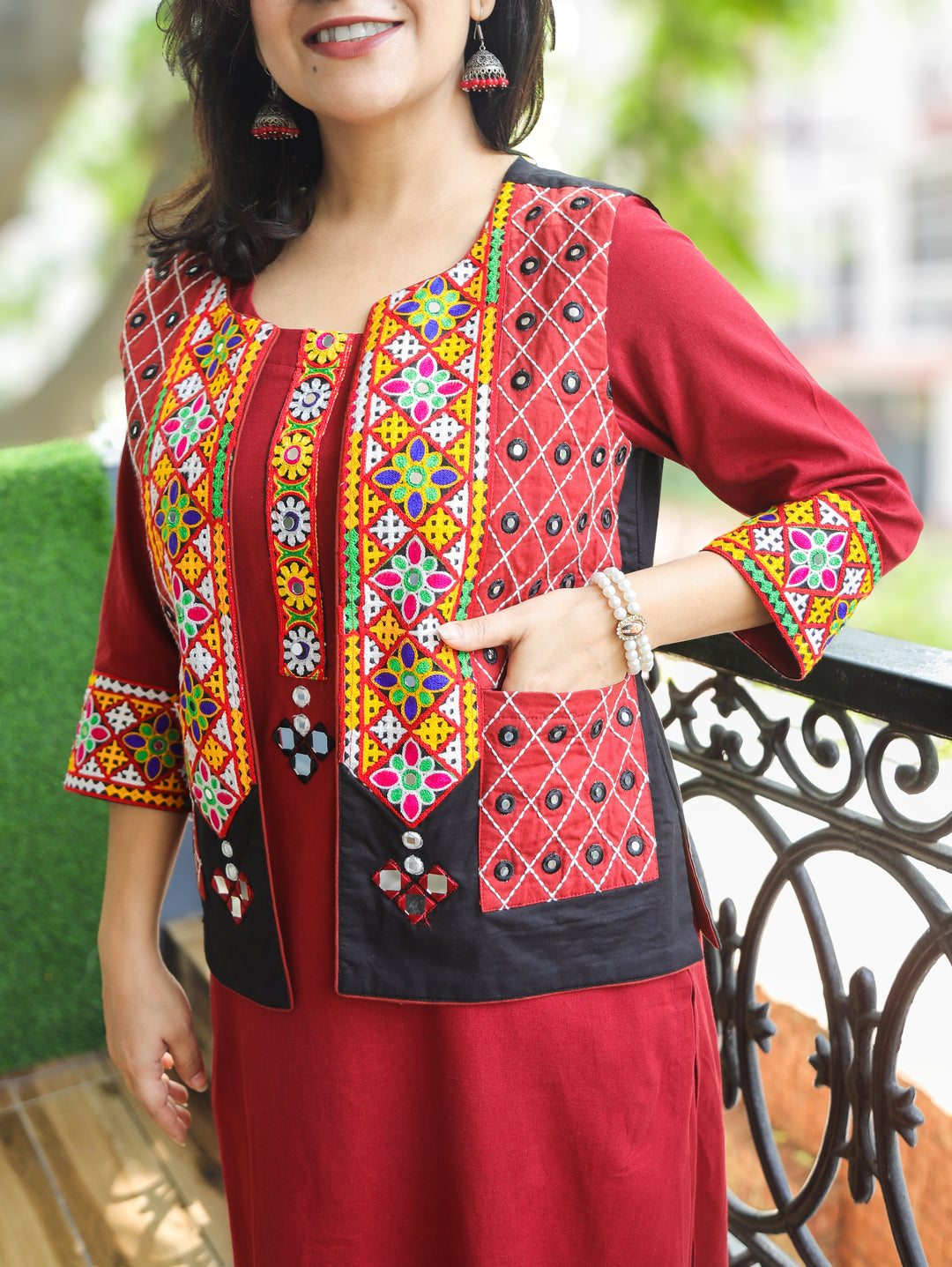 Sujal Crimson Red Co-ord Set with Kutchi Embroidery Jacket