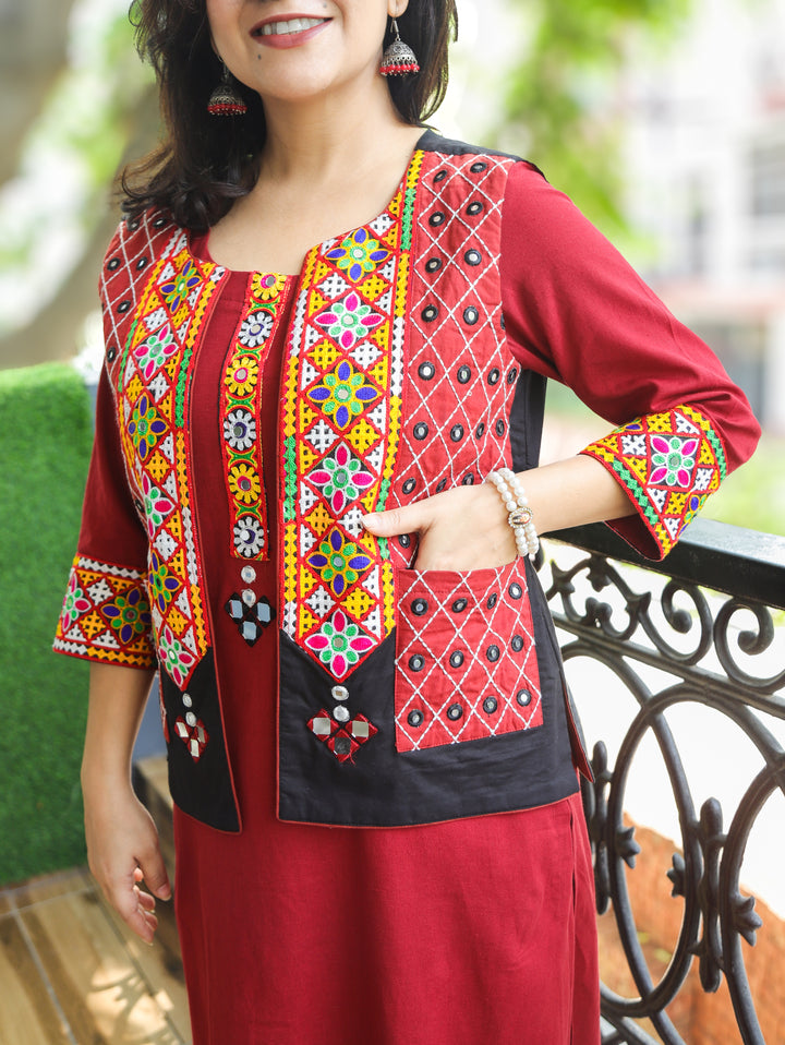 Sujal Crimson Red Co-ord Set with Kutchi Embroidery Jacket