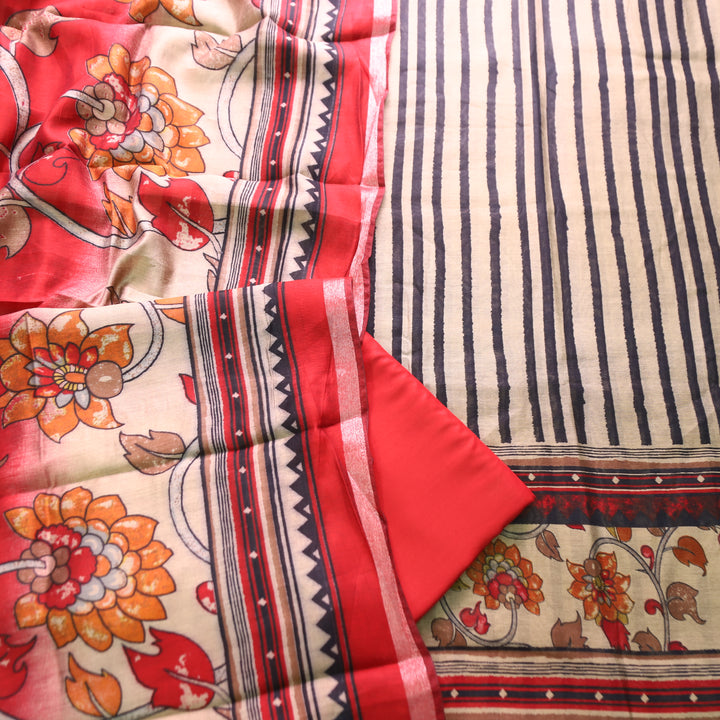 Tripti Rani Red with Kalamakri Print Hem Maheshwari Chanderi Set