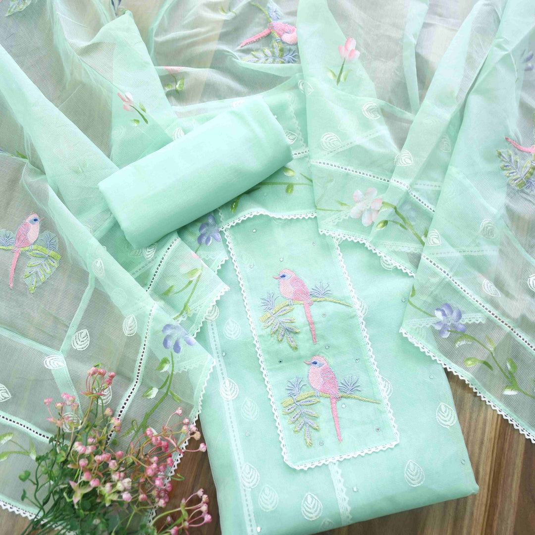 Gulbahar Mint Green Bird Thread Work with Lace Kota Doriya Suit Set