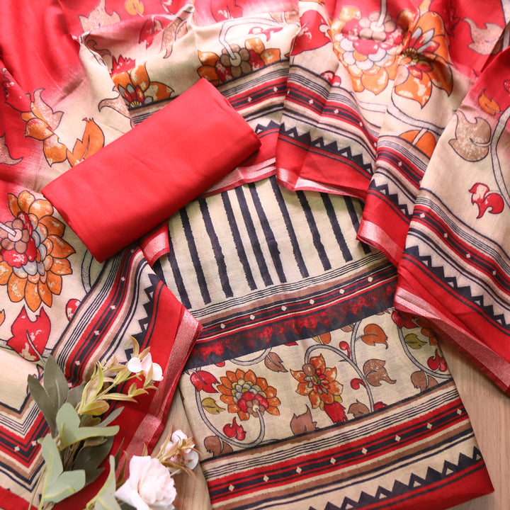 Tripti Rani Red with Kalamakri Print Hem Maheshwari Chanderi Set