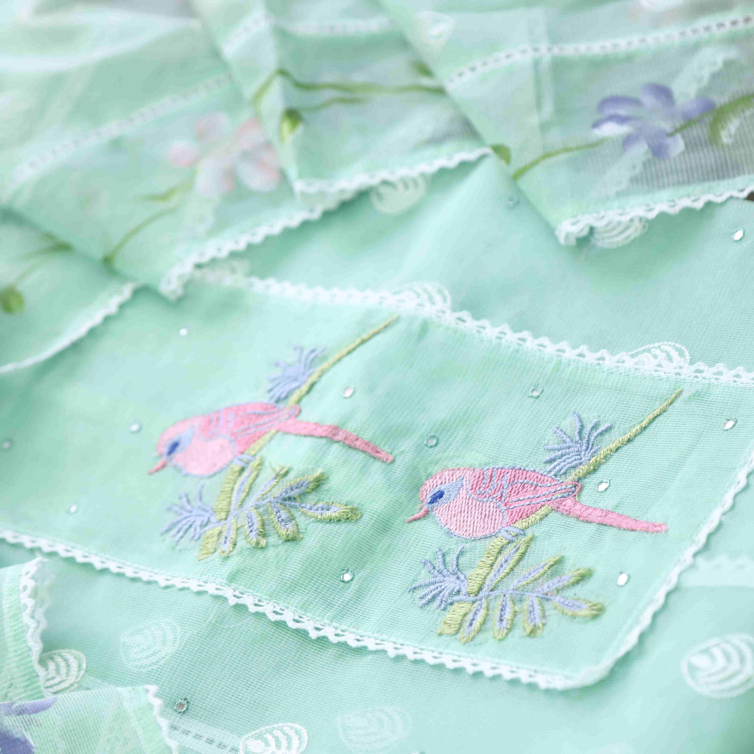 Gulbahar Mint Green Bird Thread Work with Lace Kota Doriya Suit Set