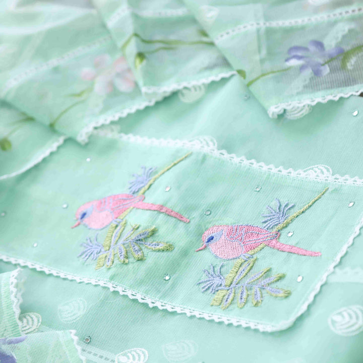 Gulbahar Mint Green Bird Thread Work with Lace Kota Doriya Suit Set