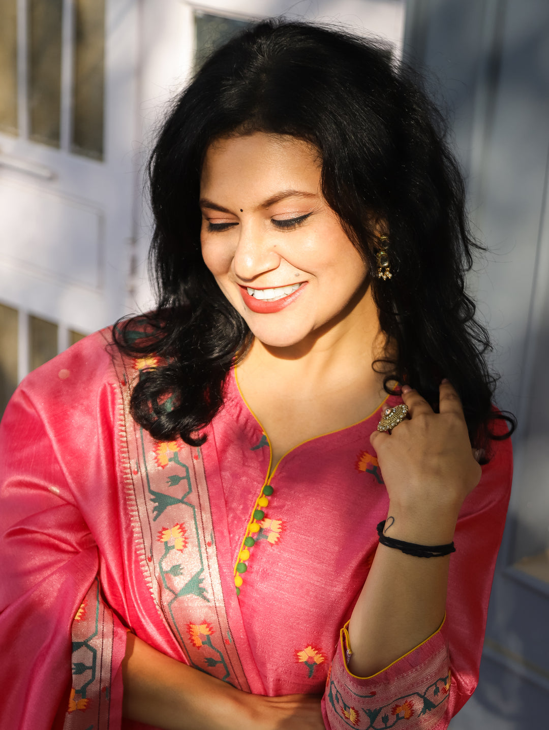 Pranda Pink Jamdani Jacquard Weaved Paithani Inspired Tussar Silk 3 Piece Set