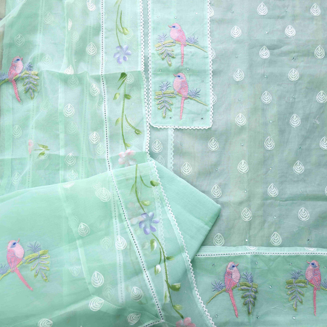 Gulbahar Mint Green Bird Thread Work with Lace Kota Doriya Suit Set