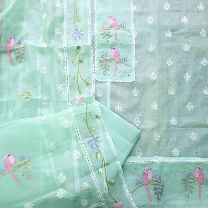 Gulbahar Mint Green Bird Thread Work with Lace Kota Doriya Suit Set