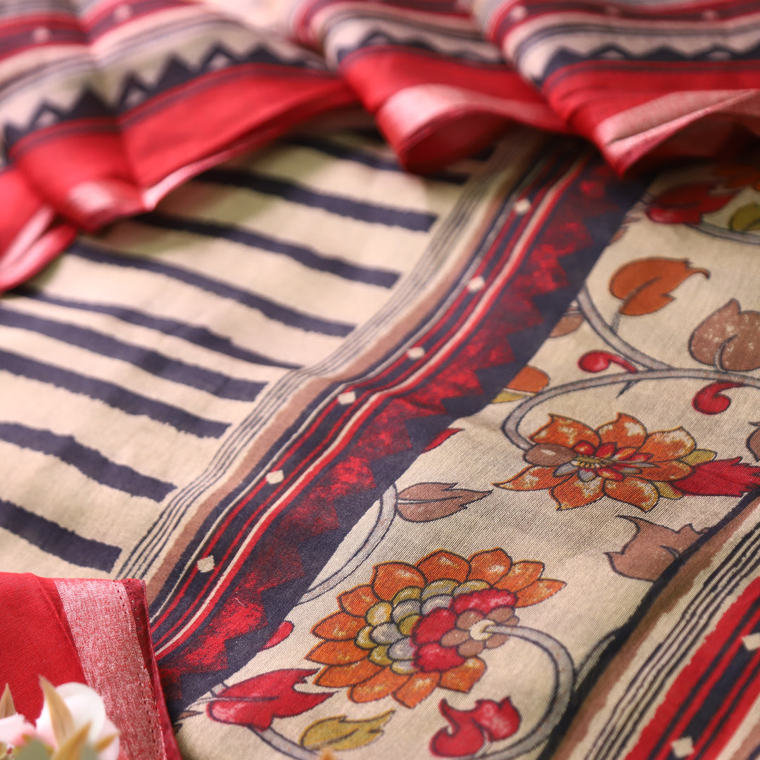 Tripti Rani Red with Kalamakri Print Hem Maheshwari Chanderi Set