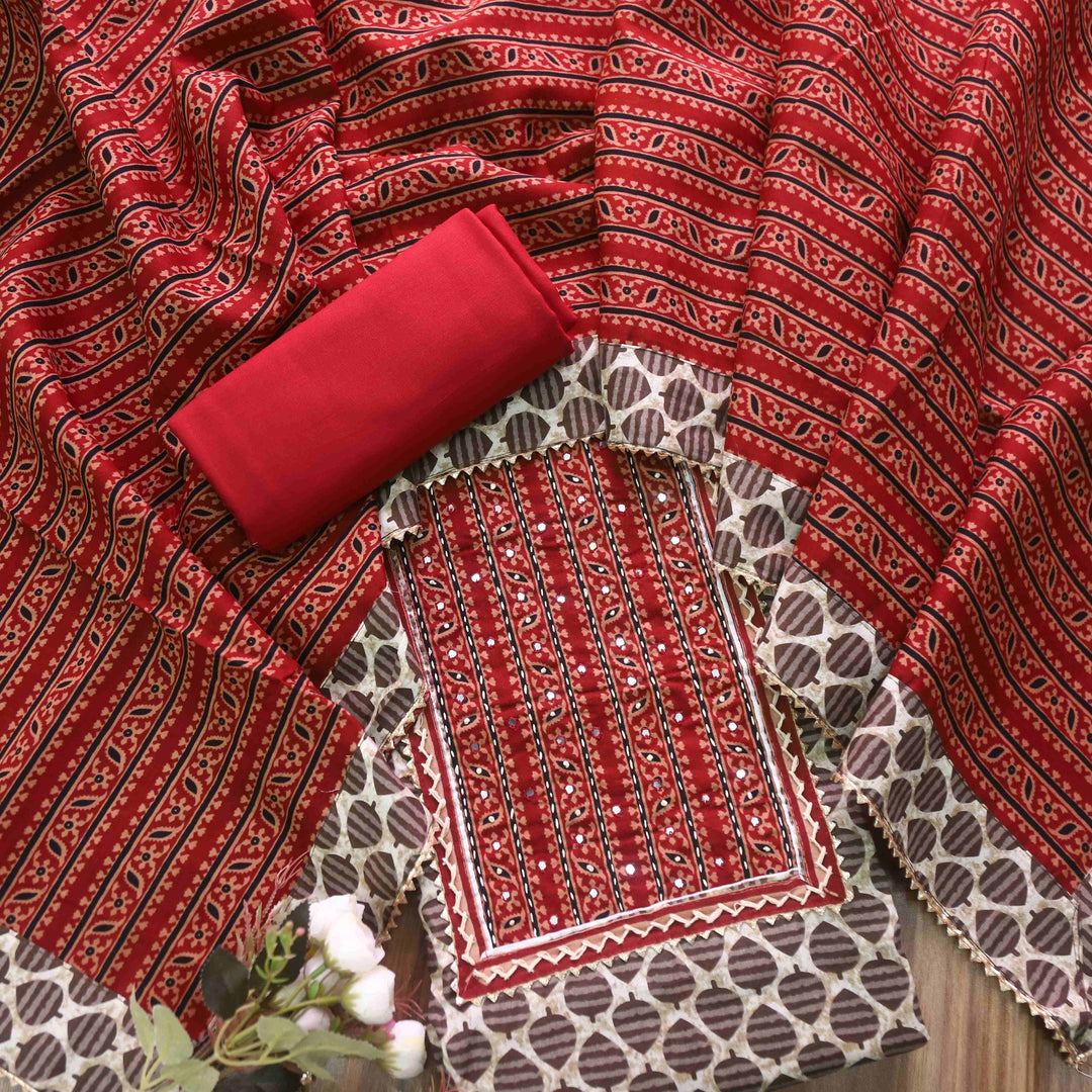 Nazara Faded White Kutch Work Neck Dabu Printed Cotton Suit Set D2