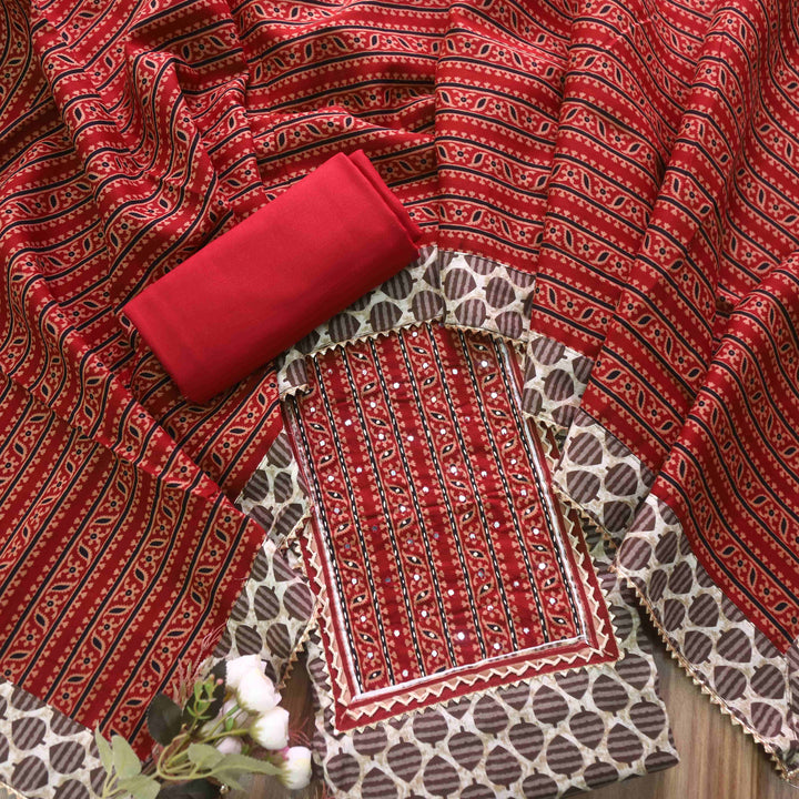 Nazara Faded White Kutch Work Neck Dabu Printed Cotton Suit Set D2