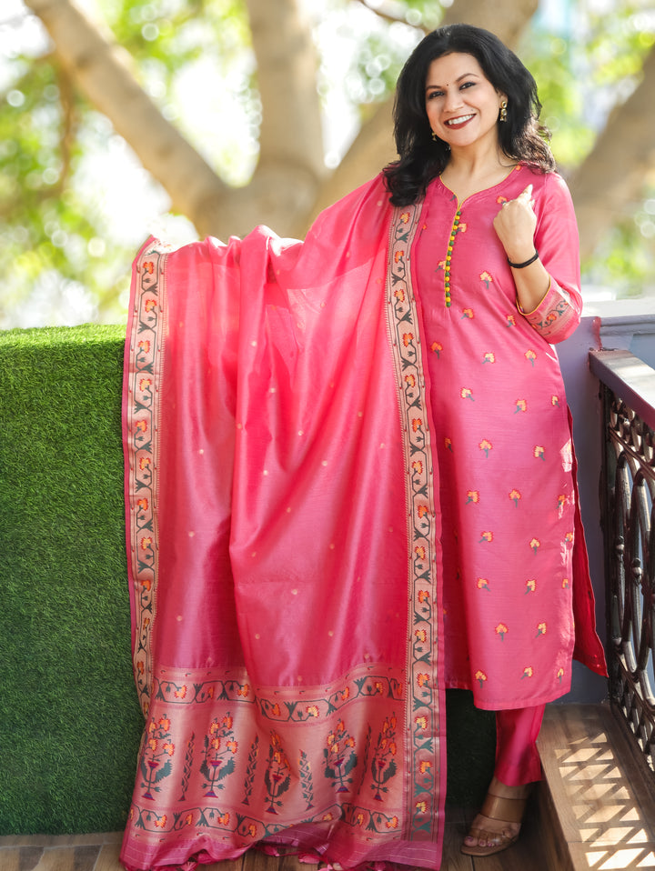Pranda Pink Jamdani Jacquard Weaved Paithani Inspired Tussar Silk 3 Piece Set