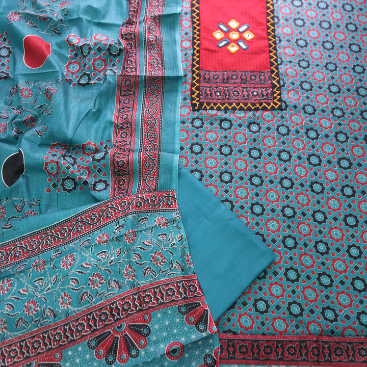 Mayuri Aqua Teal  Mirror Patch Ajrakh Printed Cotton Set