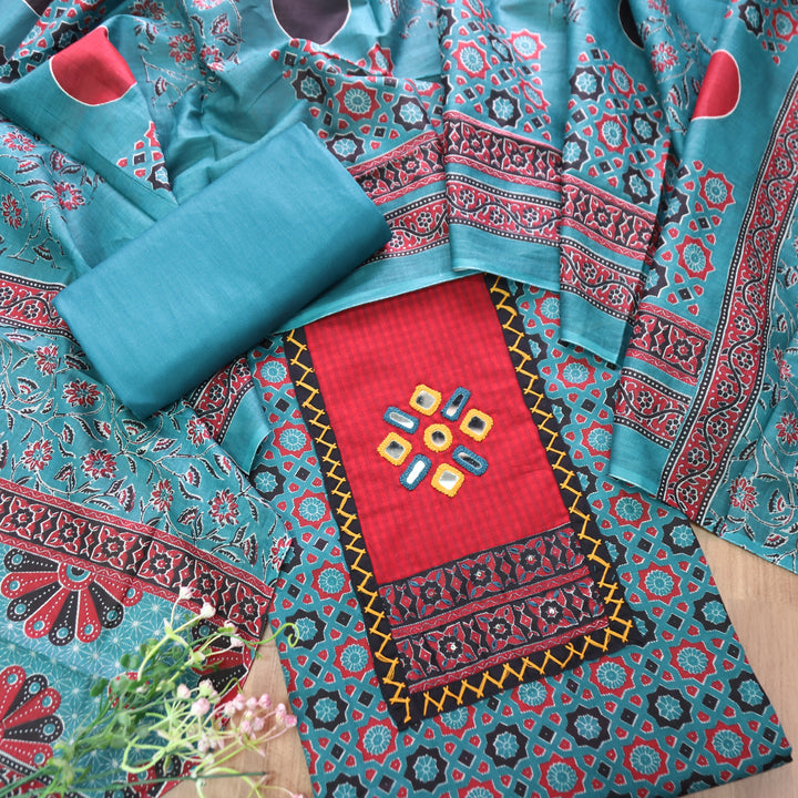 Mayuri Aqua Teal  Mirror Patch Ajrakh Printed Cotton Set