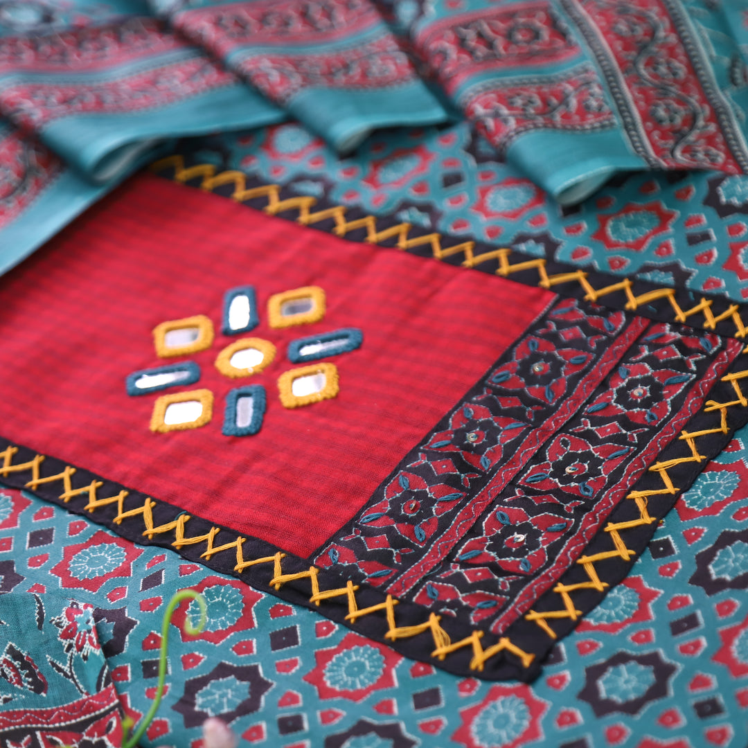 Mayuri Aqua Teal  Mirror Patch Ajrakh Printed Cotton Set