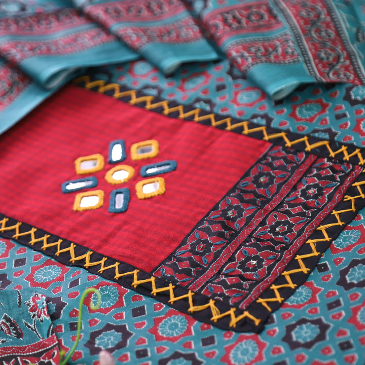 Mayuri Aqua Teal  Mirror Patch Ajrakh Printed Cotton Set