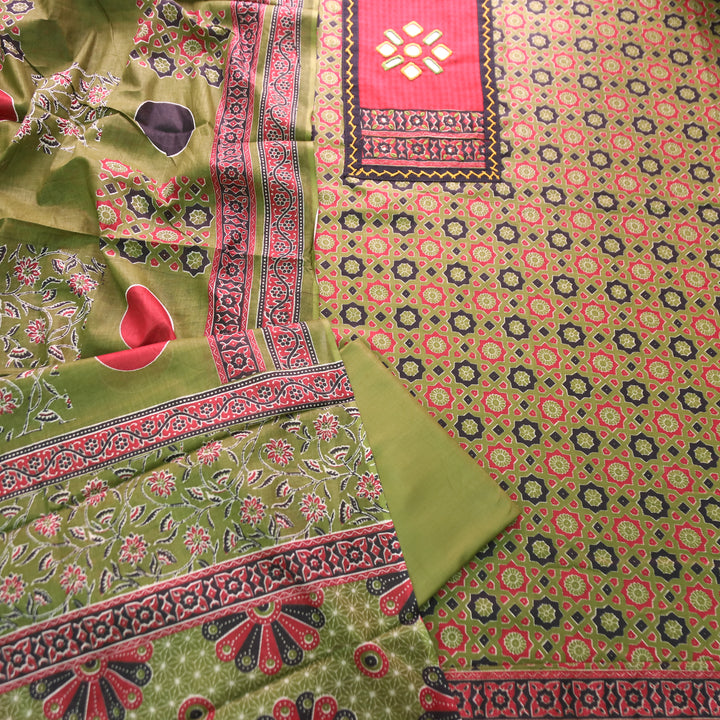 Mayuri Leaf Green Mirror Patch Ajrakh Printed Cotton Set