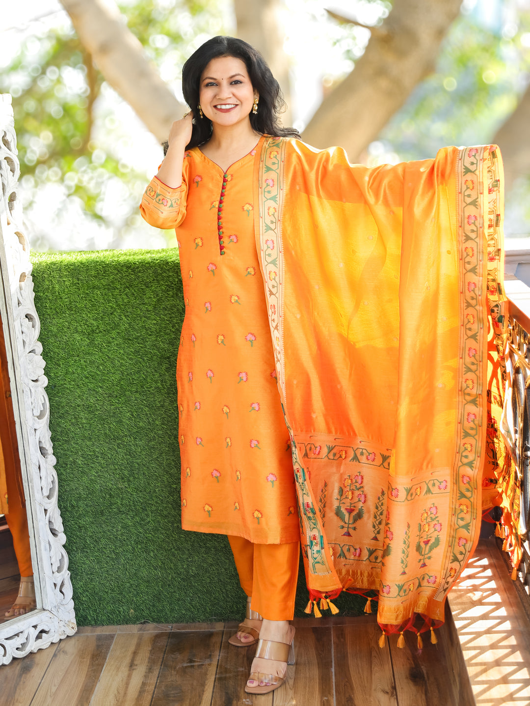 Pranda Orange Jamdani Jacquard Weaved Paithani Inspired Tussar Silk 3 Piece Set