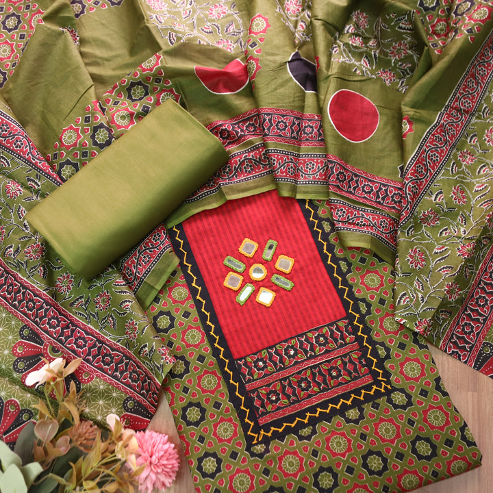 Mayuri Leaf Green Mirror Patch Ajrakh Printed Cotton Set