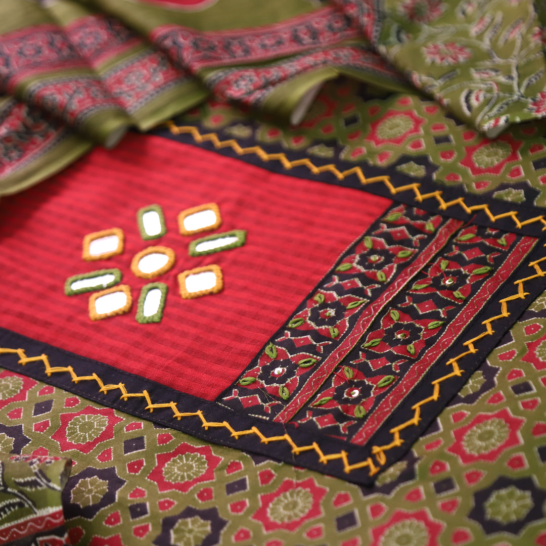 Mayuri Leaf Green Mirror Patch Ajrakh Printed Cotton Set