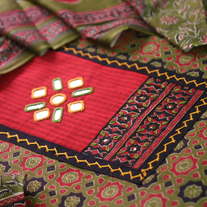 Mayuri Leaf Green Mirror Patch Ajrakh Printed Cotton Set