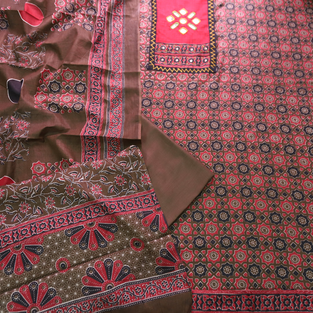 Mayuri Maroon Wine Mirror Patch Ajrakh Printed Cotton Set